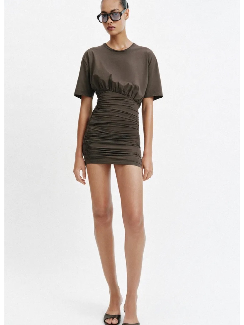 Zara Ruched Waist Mini Dress in Olive Brown - Women